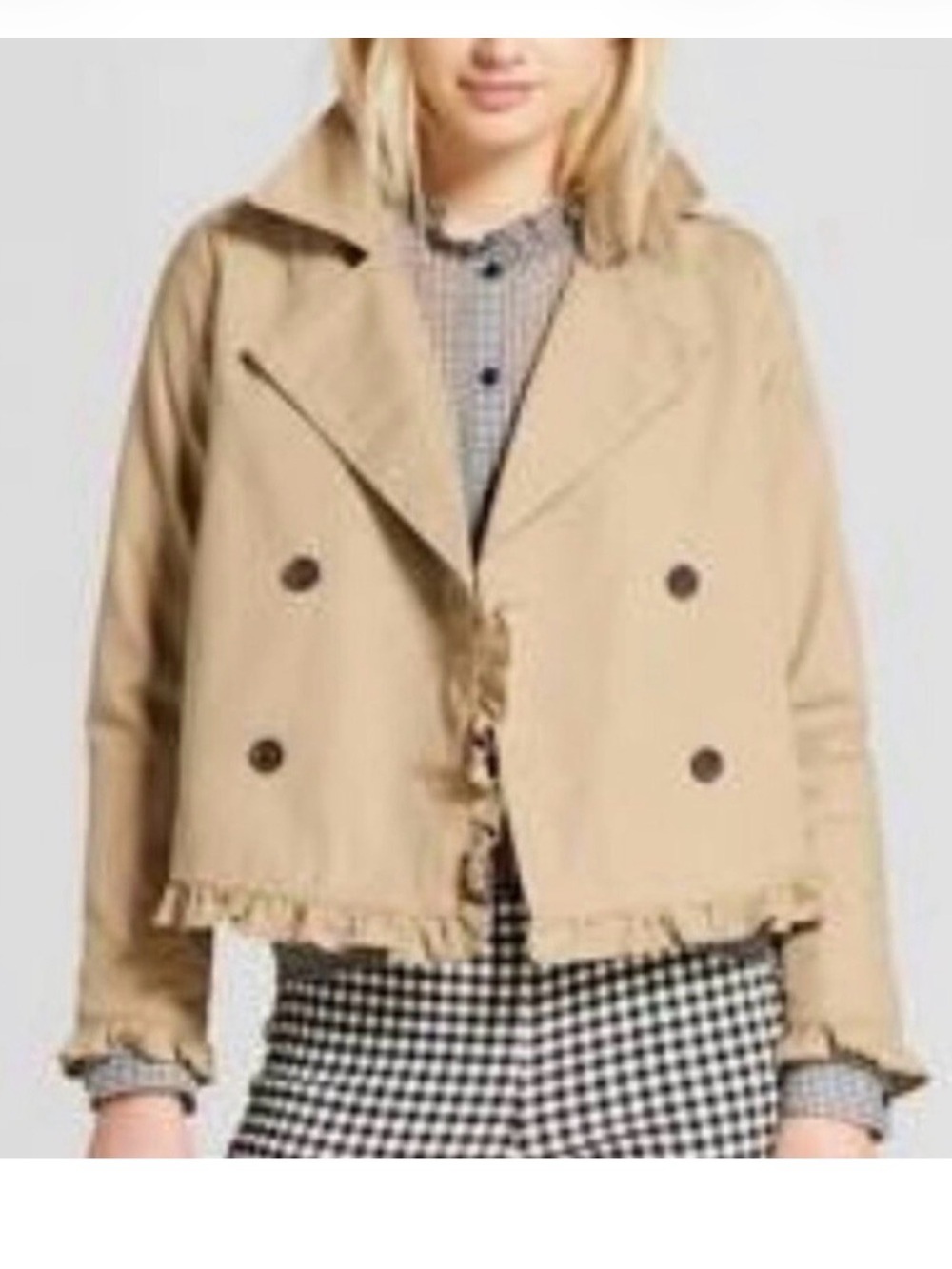 Who What Wear tan cropped trench coat with ruffle details